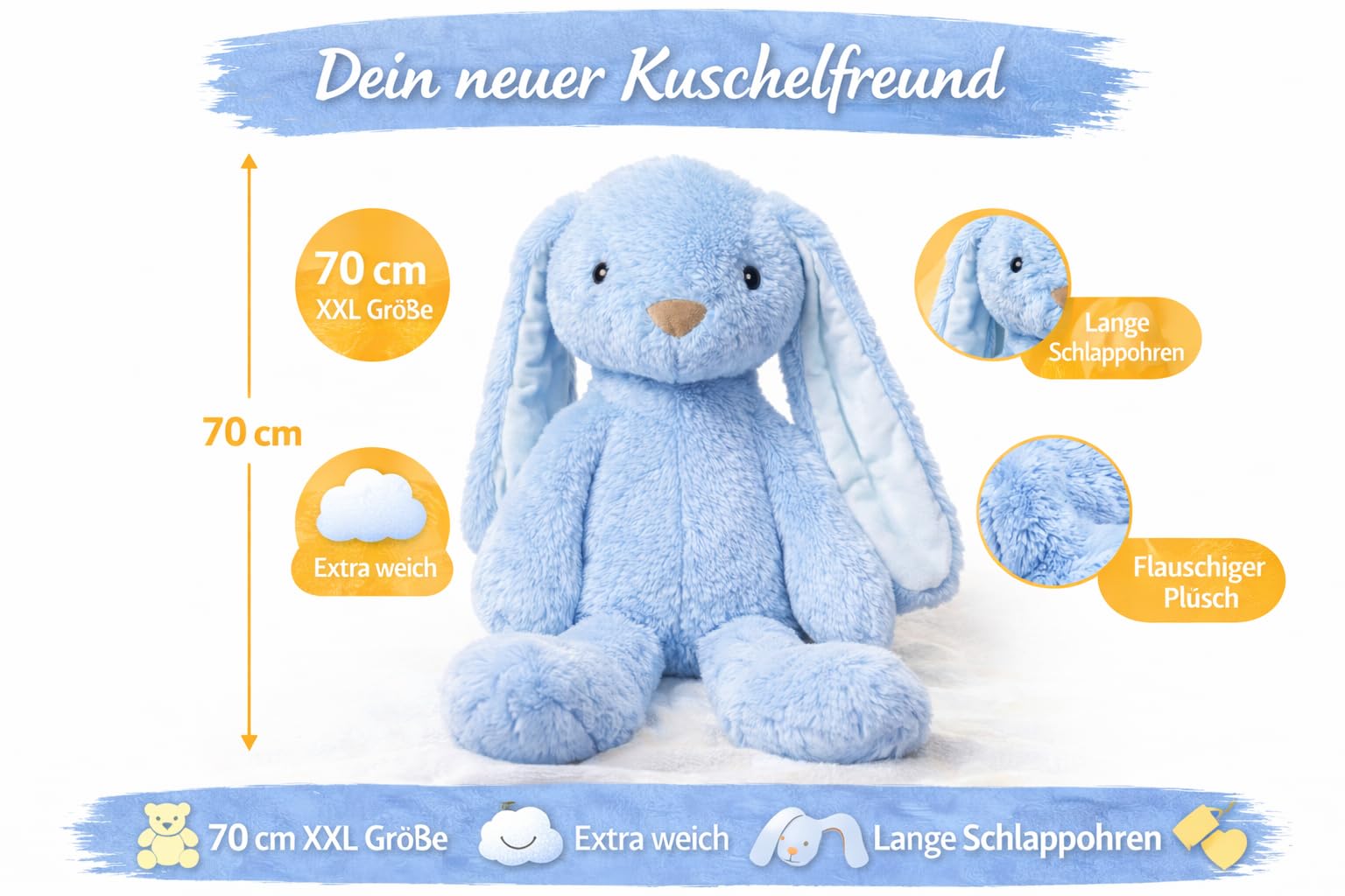 Soma Kuscheltier Hase XXL 70 cm Plüschtier mit Langen Ohren weich Babyblau Pastell Stofftier zum Spielen Schlafen Dekoration Geschenk für Kinder