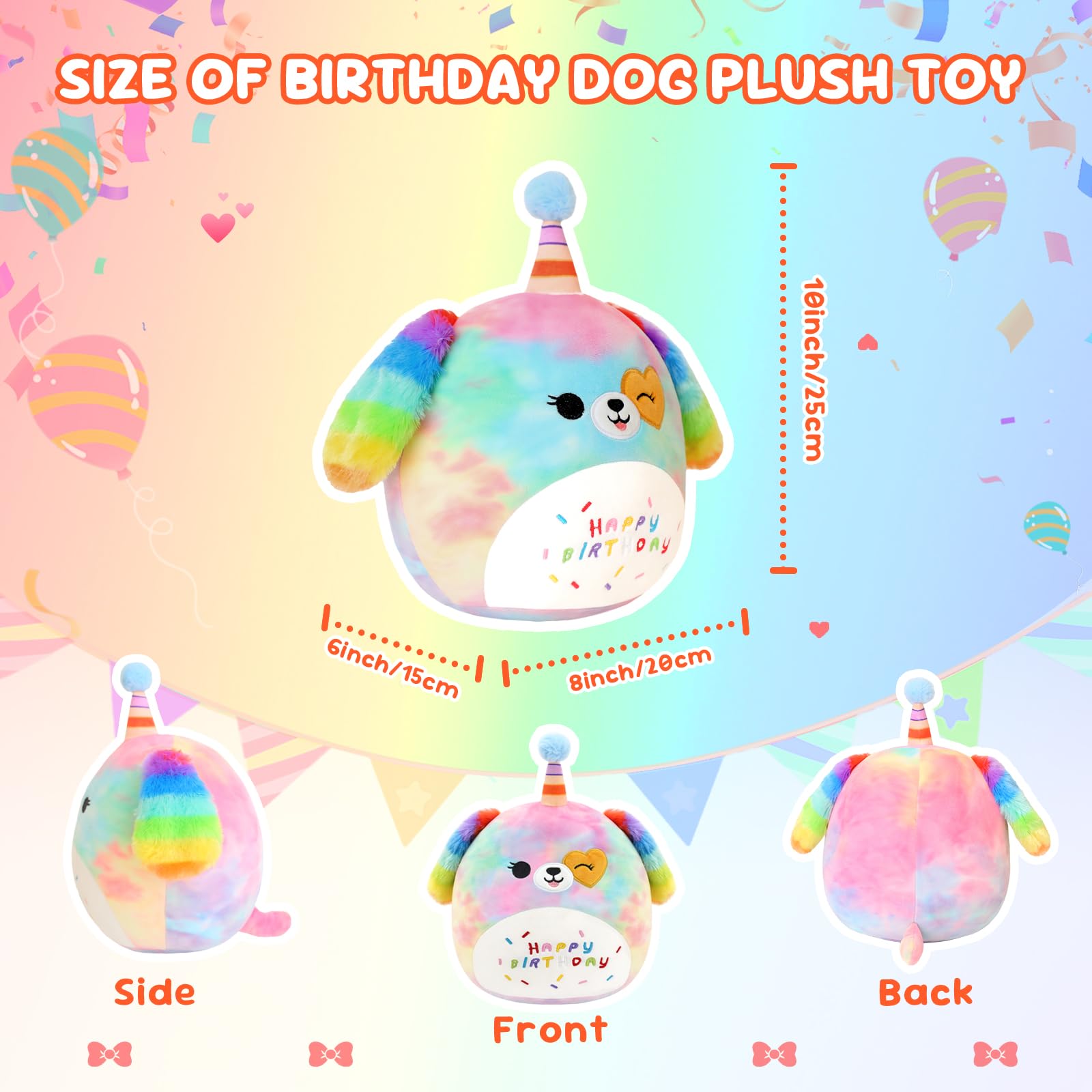 SQEQE Happy Birthday Stuffed Animal 10" Rainbow Dog Soft Toys Cute Plush Pillow Unicorn Dog Plush Toy for Kid Girl Boy 25CM