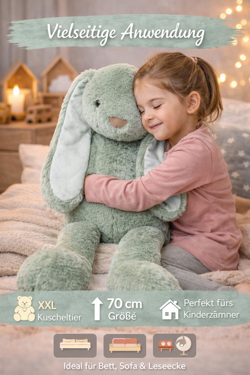 Soma Kuscheltier Hase XXL 70 cm Plüschtier mit Langen Ohren weich grün Pastell Stofftier zum Spielen Schlafen Dekoration Geschenk für Kinder