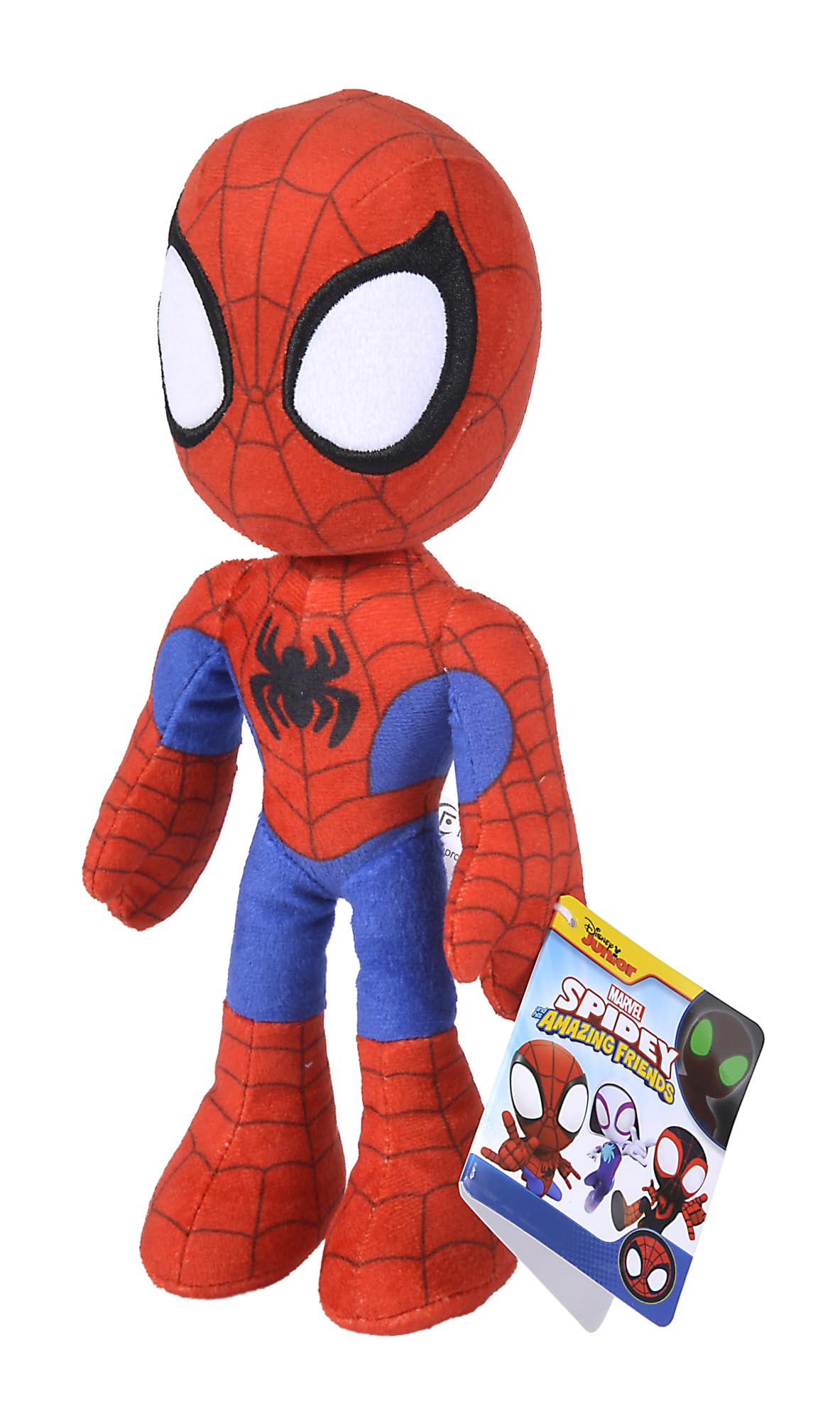 Simba 6315875810X06-Disney Marvel Spidey, 25cm Plüschfigur mit Glow in the Dark Augen, Spiderman Filmfigur, Plüschspielzeug, Spinne, Comic Figur, Superheld, ab den ersten Lebensmonaten geeignet