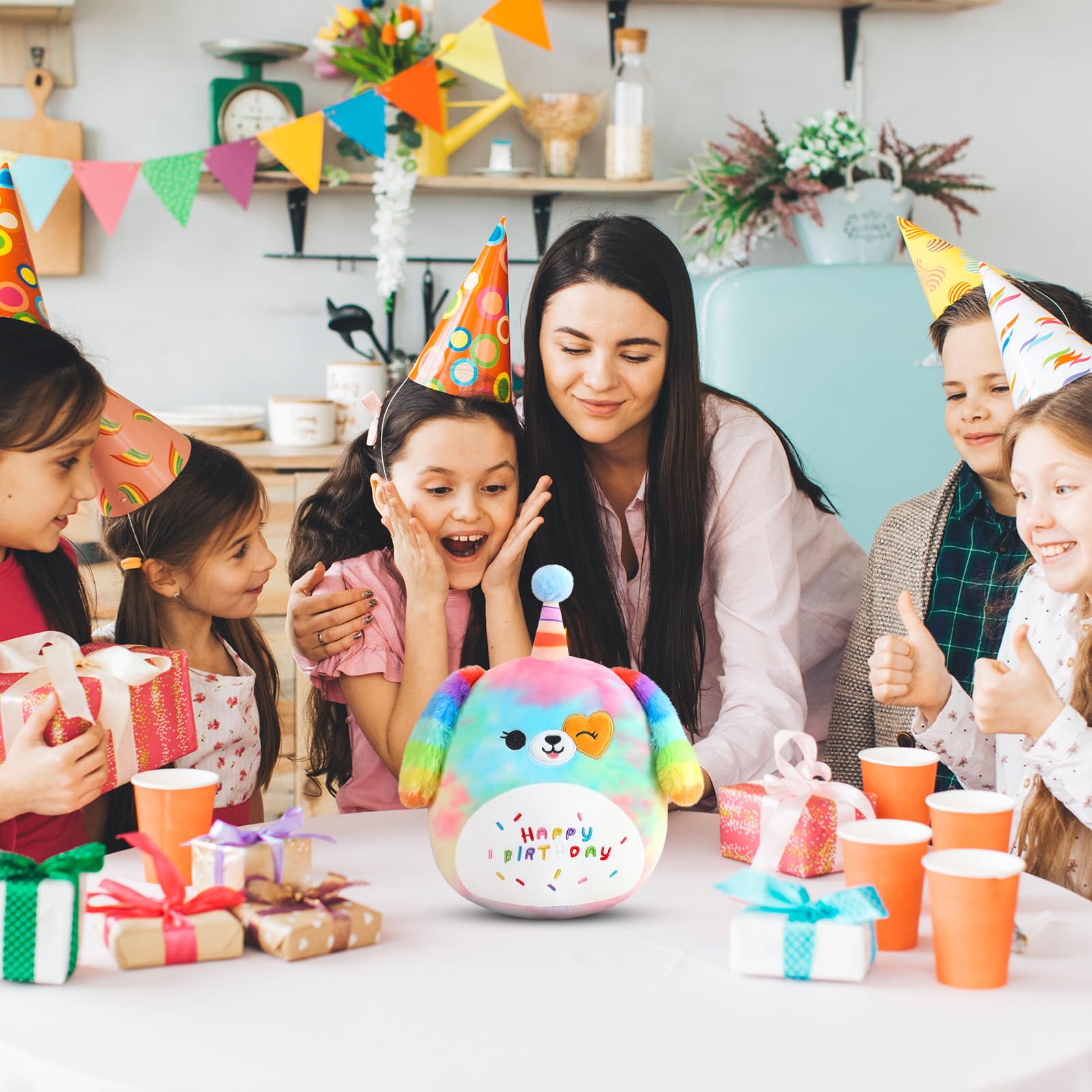 SQEQE Happy Birthday Stuffed Animal 10" Rainbow Dog Soft Toys Cute Plush Pillow Unicorn Dog Plush Toy for Kid Girl Boy 25CM