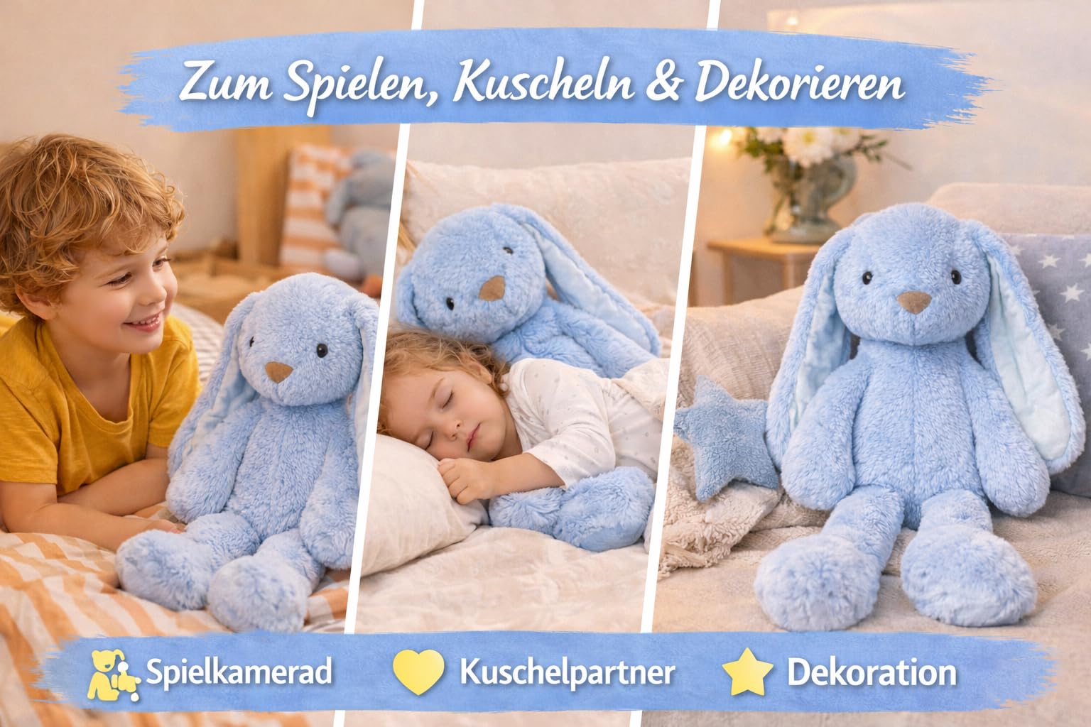 Soma Kuscheltier Hase XXL 70 cm Plüschtier mit Langen Ohren weich Babyblau Pastell Stofftier zum Spielen Schlafen Dekoration Geschenk für Kinder