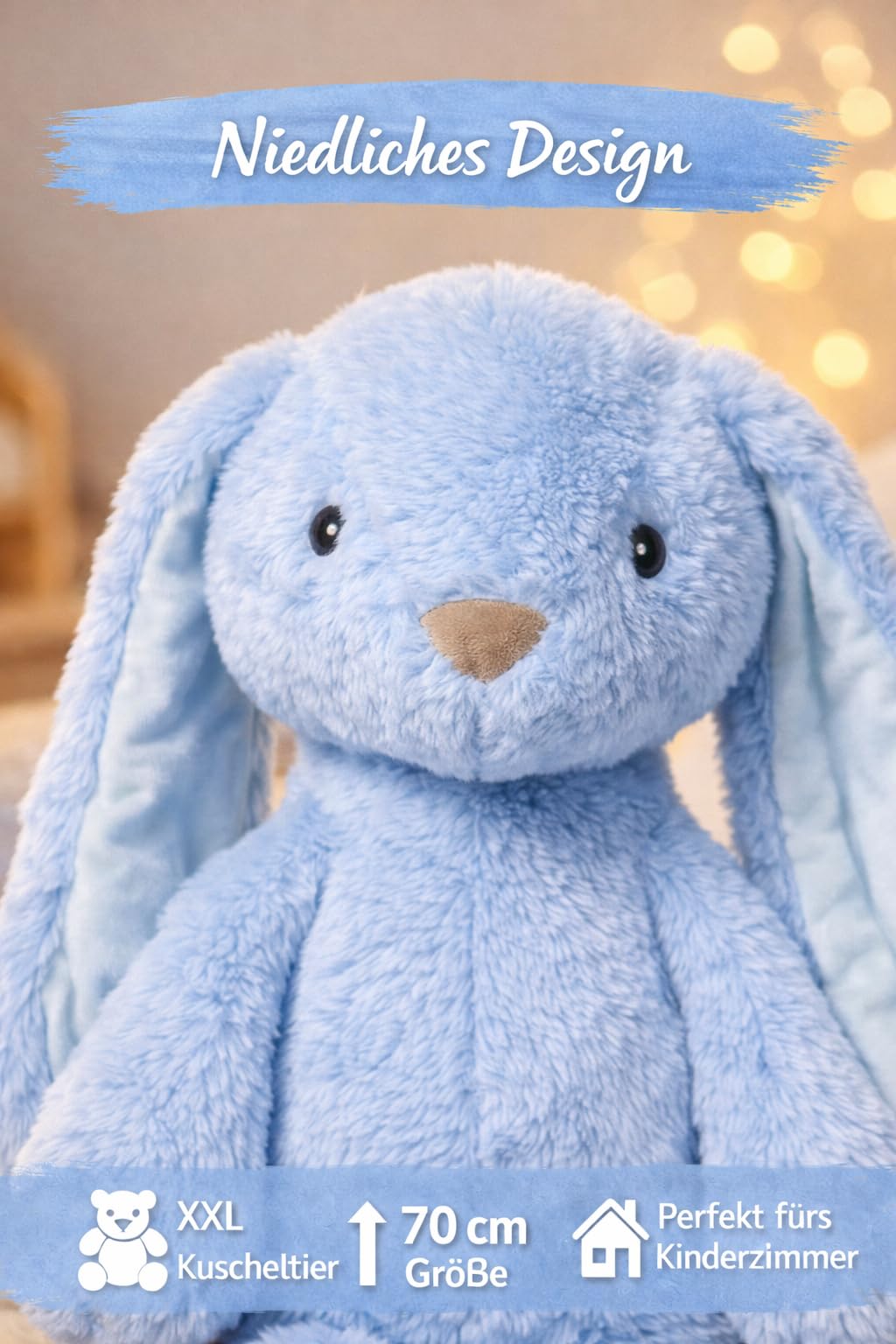 Soma Kuscheltier Hase XXL 70 cm Plüschtier mit Langen Ohren weich Babyblau Pastell Stofftier zum Spielen Schlafen Dekoration Geschenk für Kinder