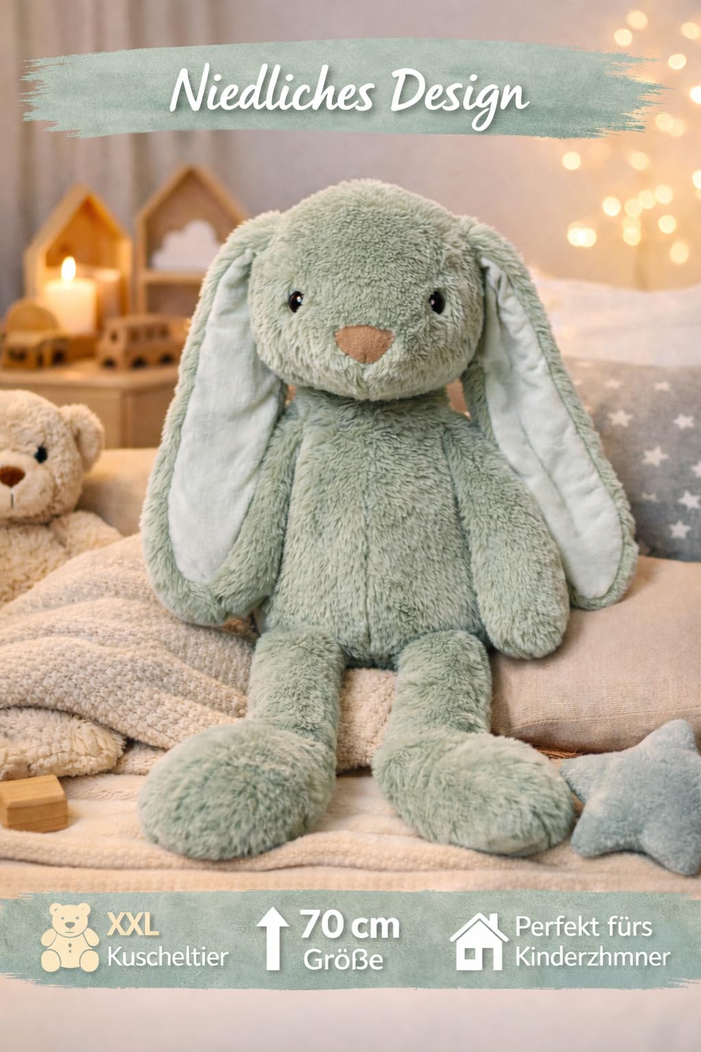 Soma Kuscheltier Hase XXL 70 cm Plüschtier mit Langen Ohren weich grün Pastell Stofftier zum Spielen Schlafen Dekoration Geschenk für Kinder