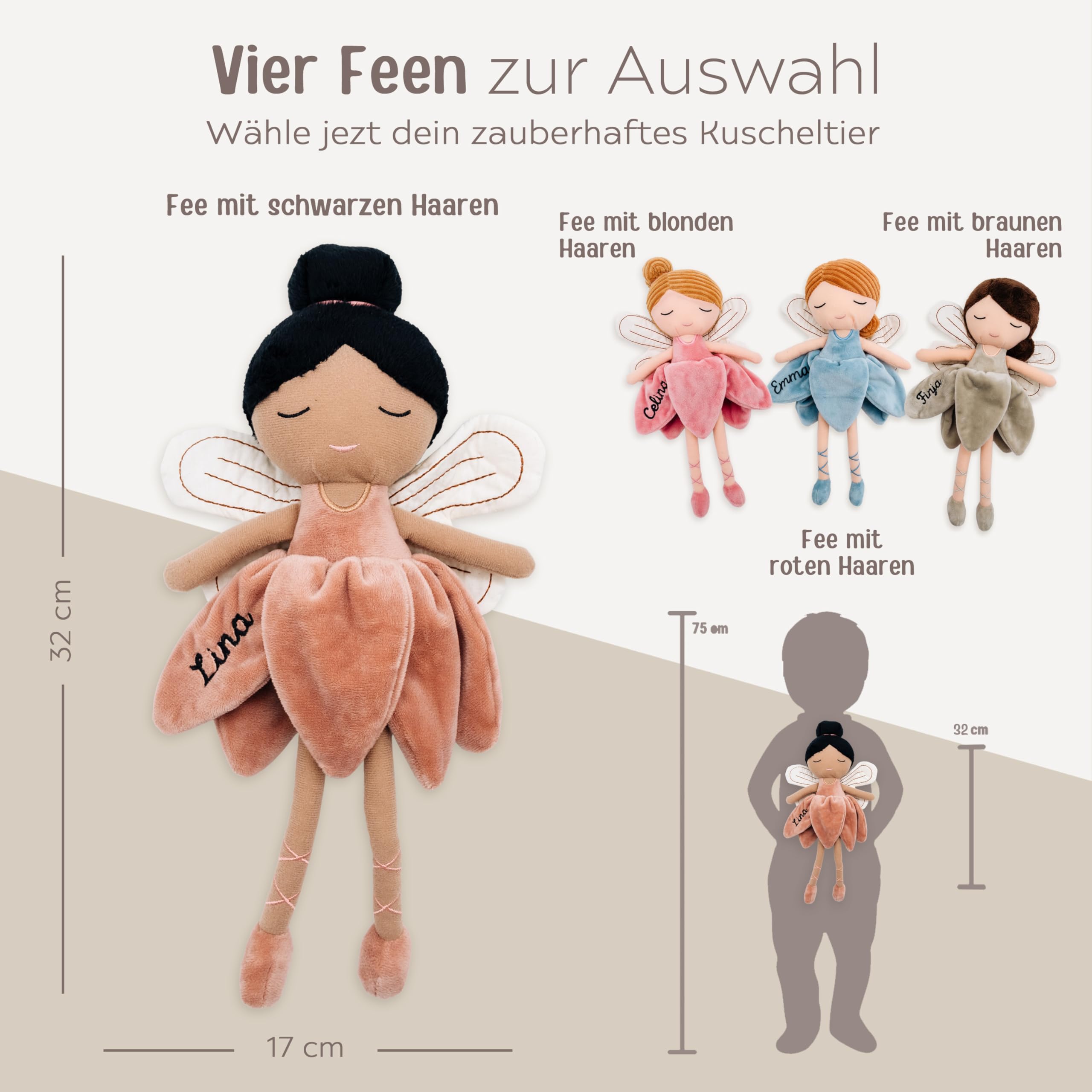 wunderwunsch personalisierte Fee als Taufgeschenk Mädchen, Fairy, Geschenk Geburt, Puppe, Baby, 1. Geburtstag Girly, Kuscheltier individualisiert (Schwarze Haare)