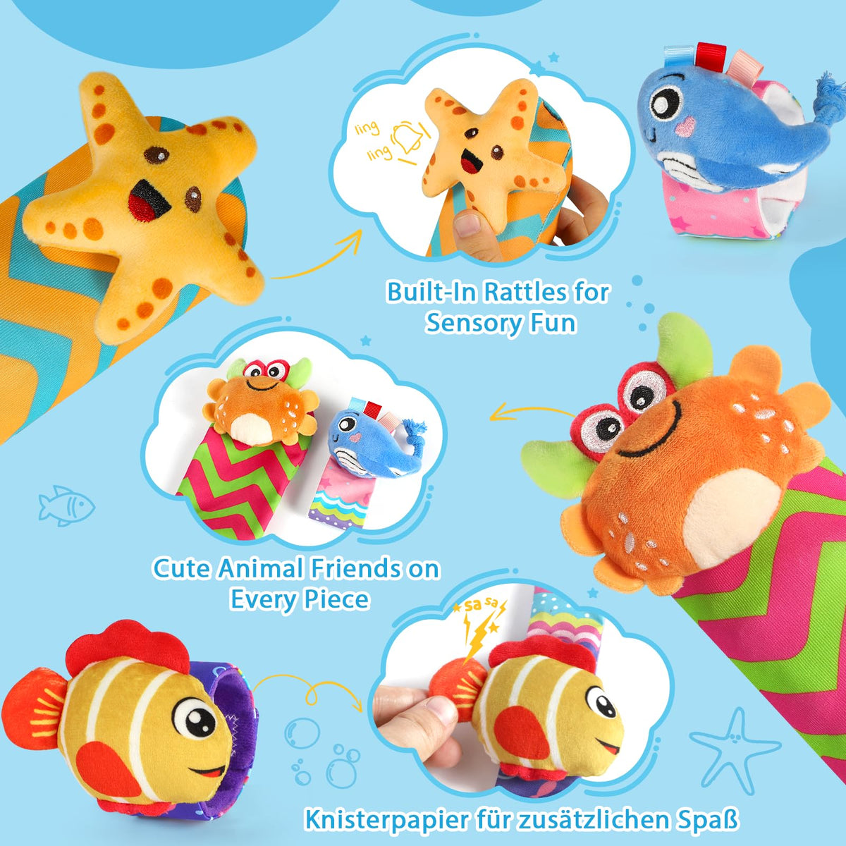 Baby Rattle Socks & Wrist Toy Set 4pcs - Newborn Sensory Toys with Plush Elephant & Animals 0-12 Months
