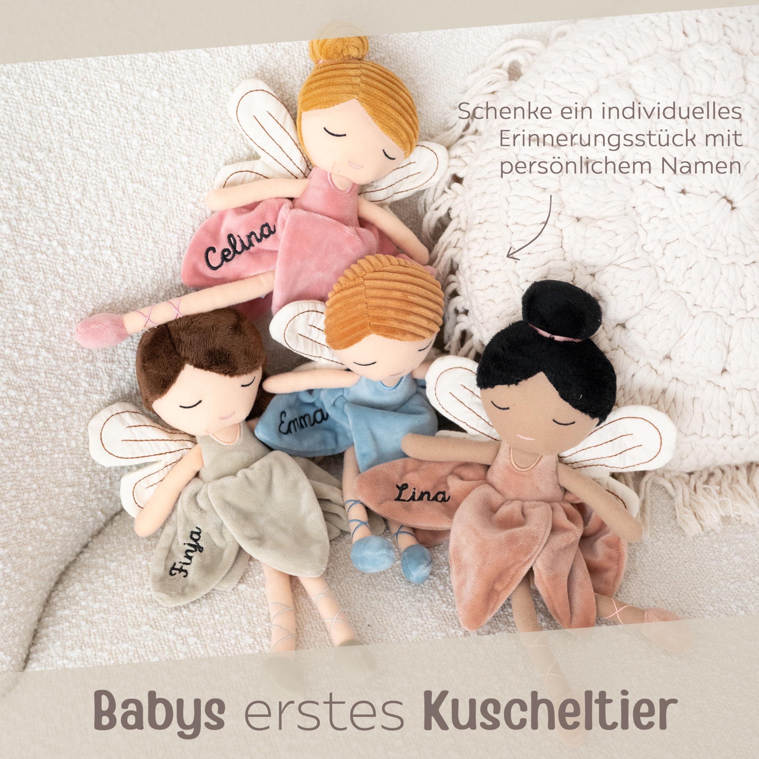 wunderwunsch personalisierte Fee als Taufgeschenk Mädchen, Fairy, Geschenk Geburt, Puppe, Baby, 1. Geburtstag Girly, Kuscheltier individualisiert (Schwarze Haare)