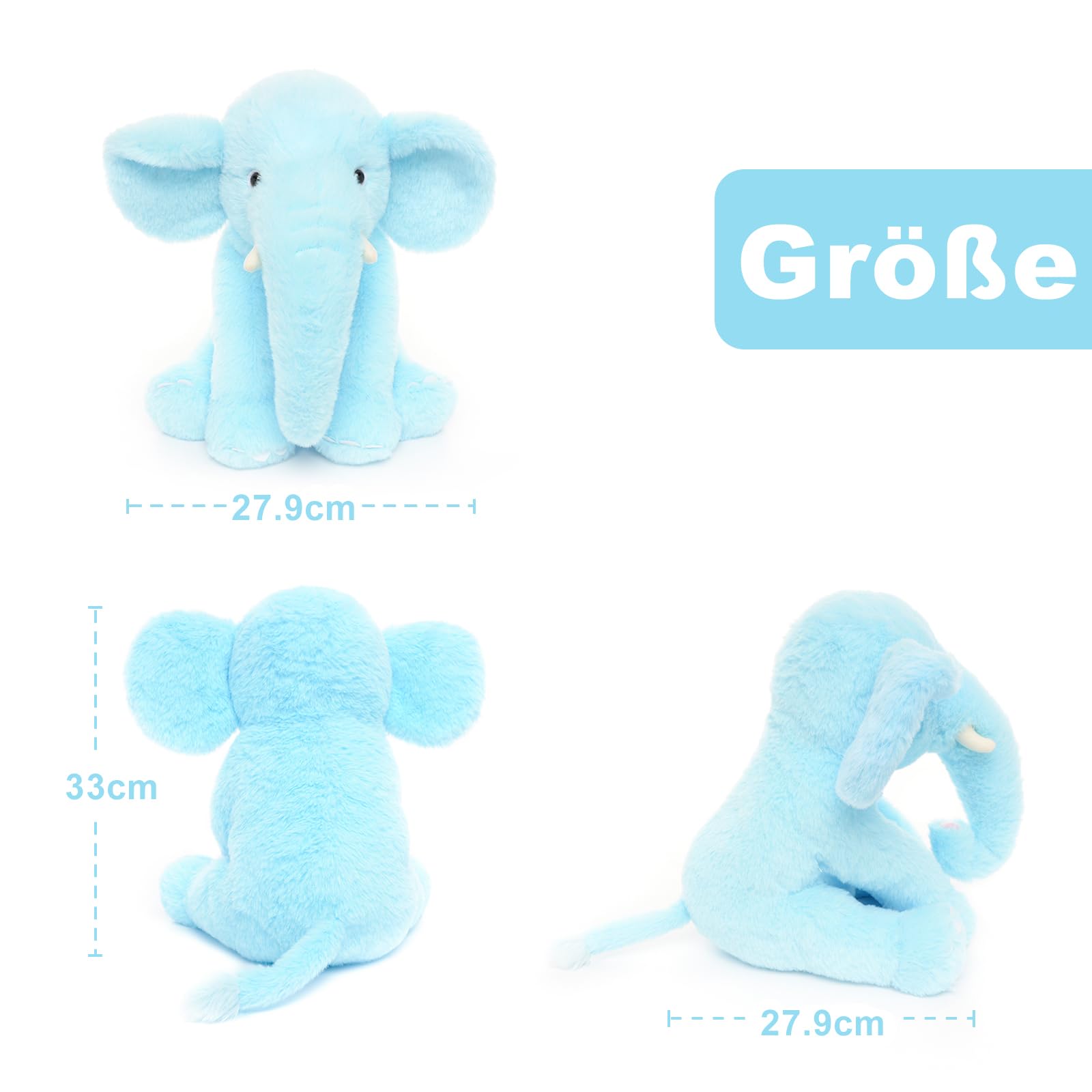 WEIGEDU Kuscheltier Elefant Blau 33 cm – Plüsch Elefant Weich zum Kuscheln und Liebhaben, Stofftier Geschenk für Baby, Kleinkinder & Kinderzimmer-Deko, Flauschiges Schmusetier für Jungen & Mädchen