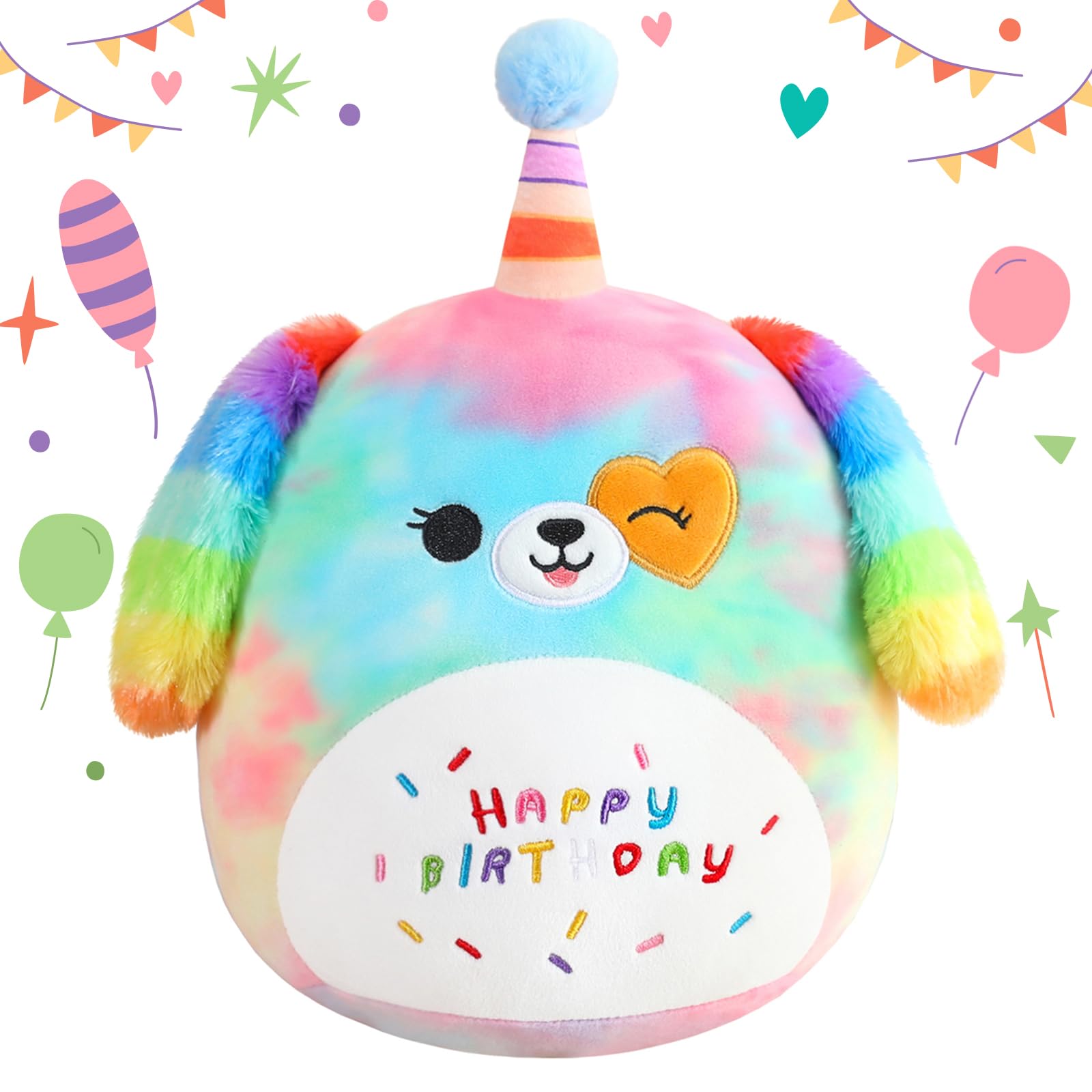 SQEQE Happy Birthday Stuffed Animal 10" Rainbow Dog Soft Toys Cute Plush Pillow Unicorn Dog Plush Toy for Kid Girl Boy 25CM