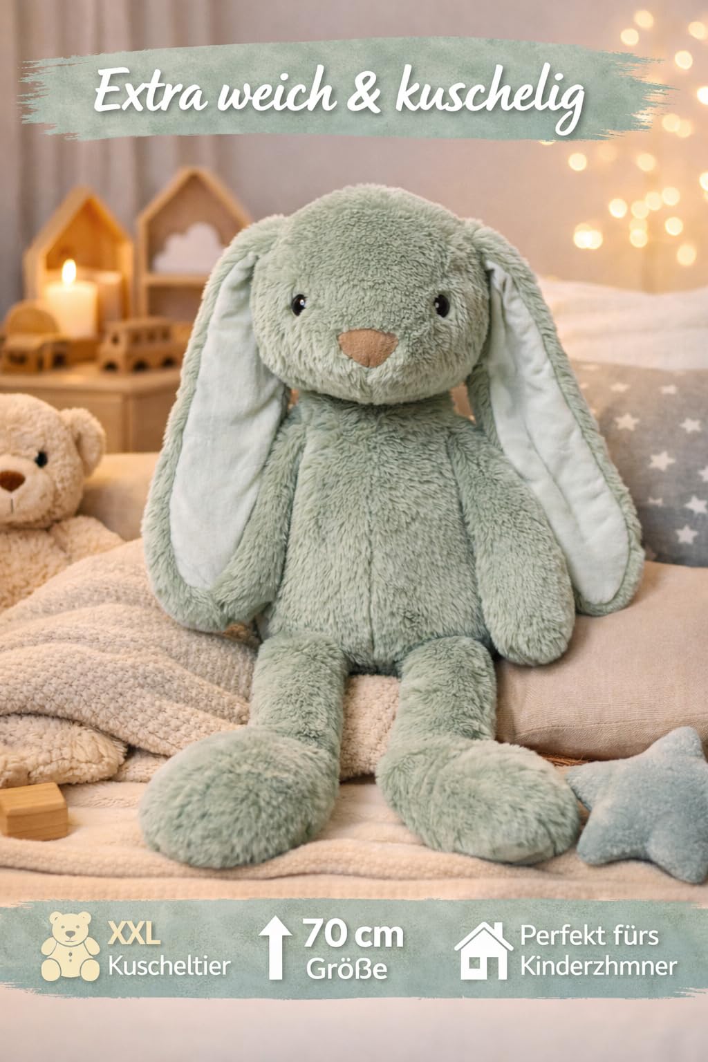 Soma Kuscheltier Hase XXL 70 cm Plüschtier mit Langen Ohren weich grün Pastell Stofftier zum Spielen Schlafen Dekoration Geschenk für Kinder