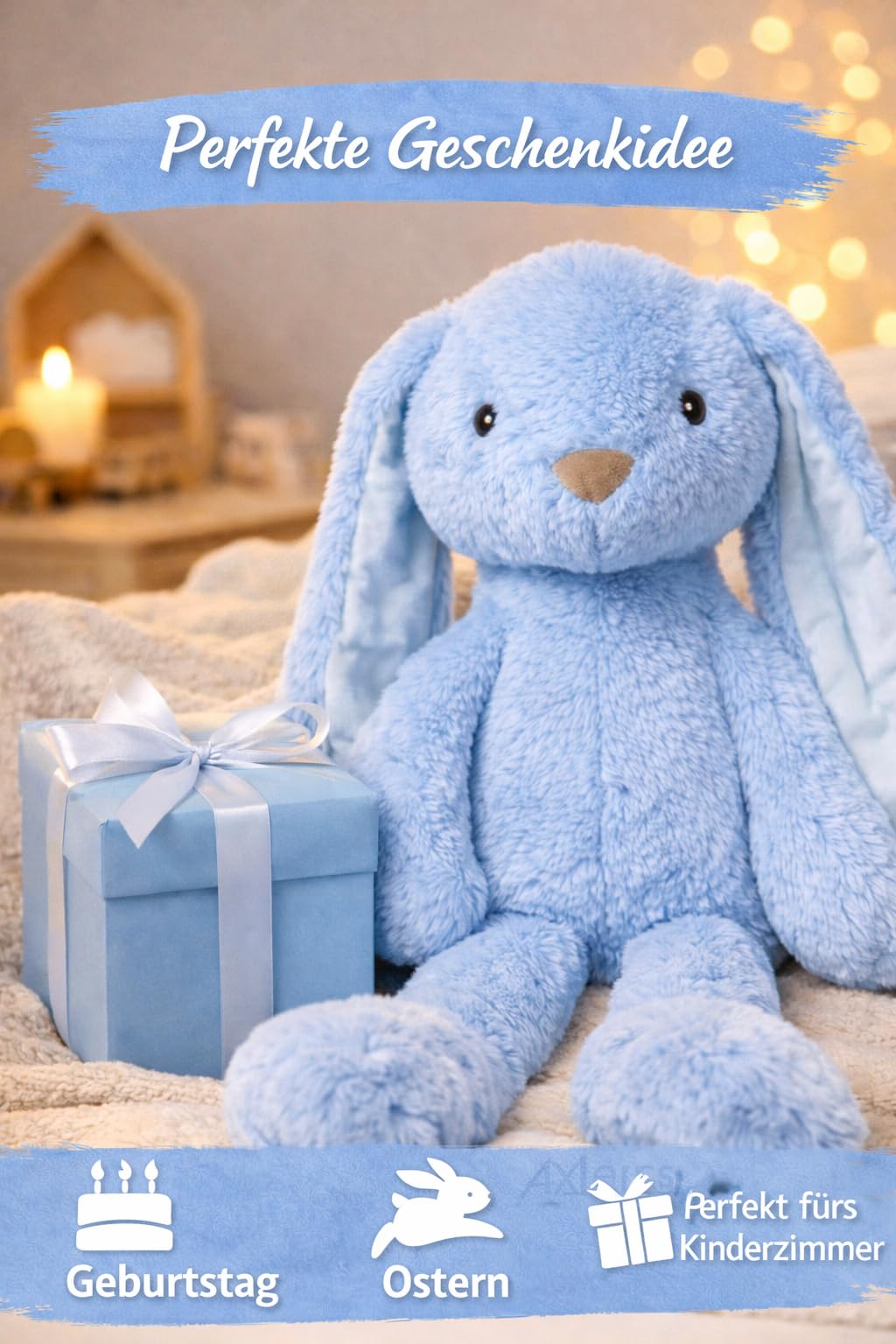 Soma Kuscheltier Hase XXL 70 cm Plüschtier mit Langen Ohren weich Babyblau Pastell Stofftier zum Spielen Schlafen Dekoration Geschenk für Kinder