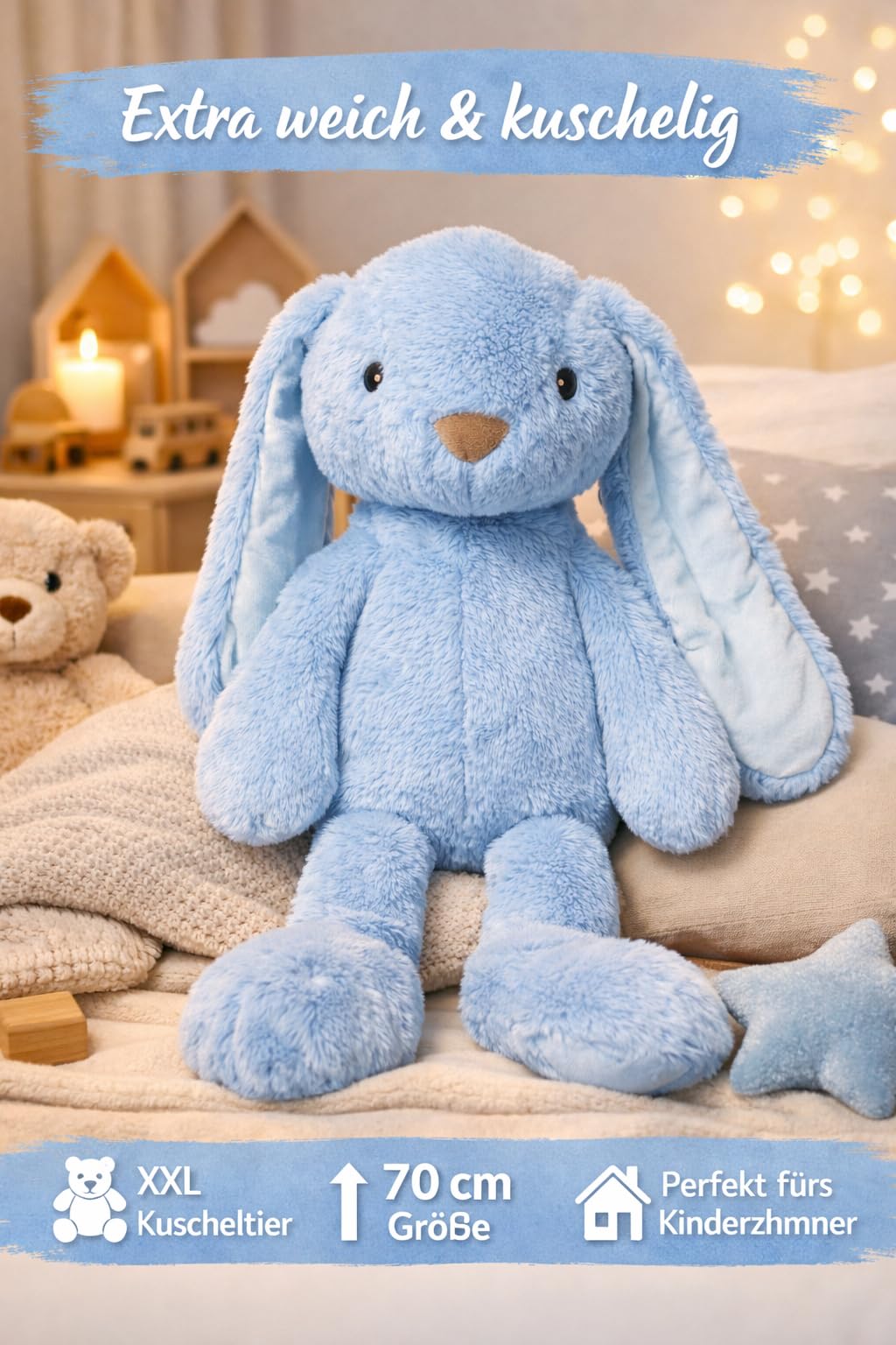 Soma Kuscheltier Hase XXL 70 cm Plüschtier mit Langen Ohren weich Babyblau Pastell Stofftier zum Spielen Schlafen Dekoration Geschenk für Kinder