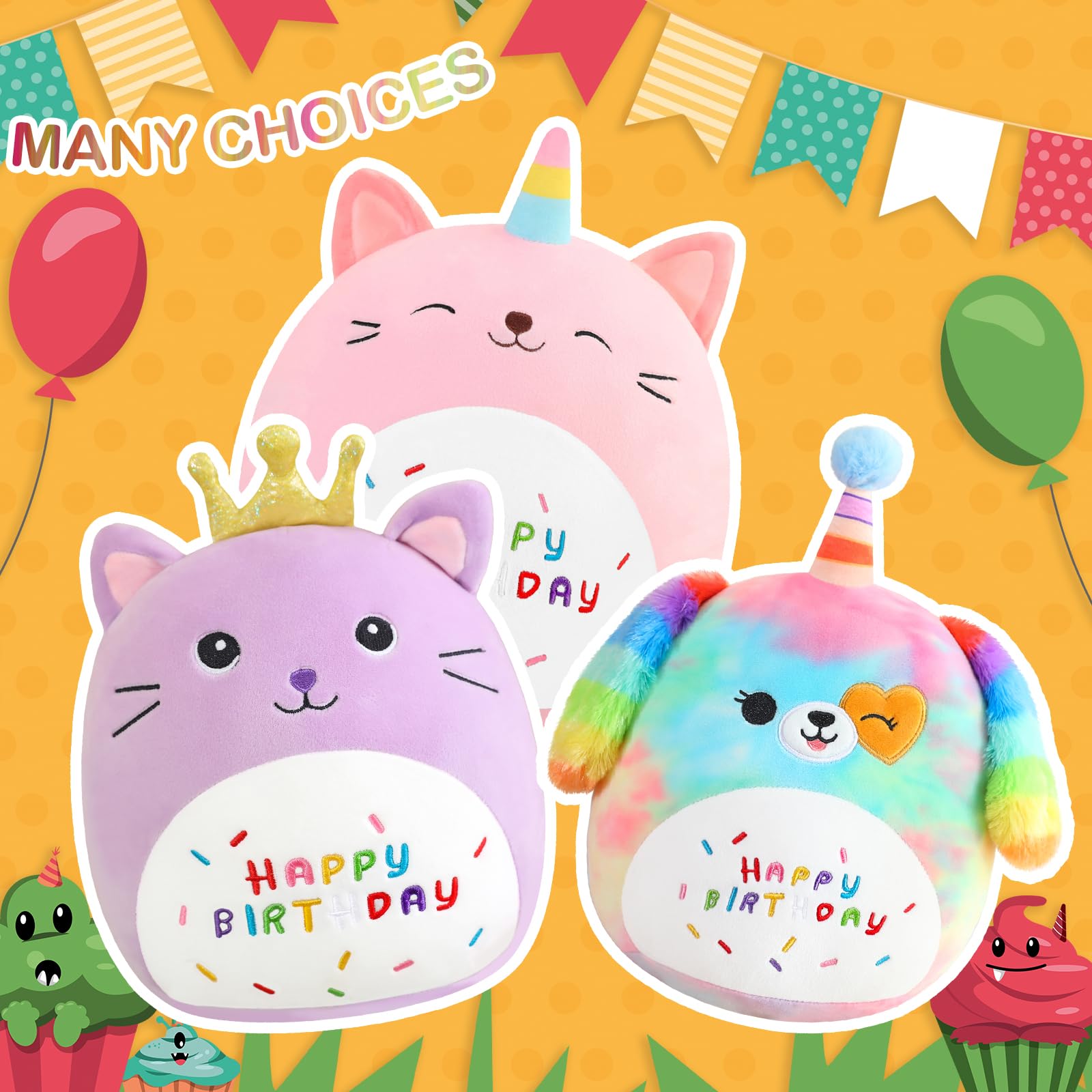 SQEQE Happy Birthday Stuffed Animal 10" Rainbow Dog Soft Toys Cute Plush Pillow Unicorn Dog Plush Toy for Kid Girl Boy 25CM