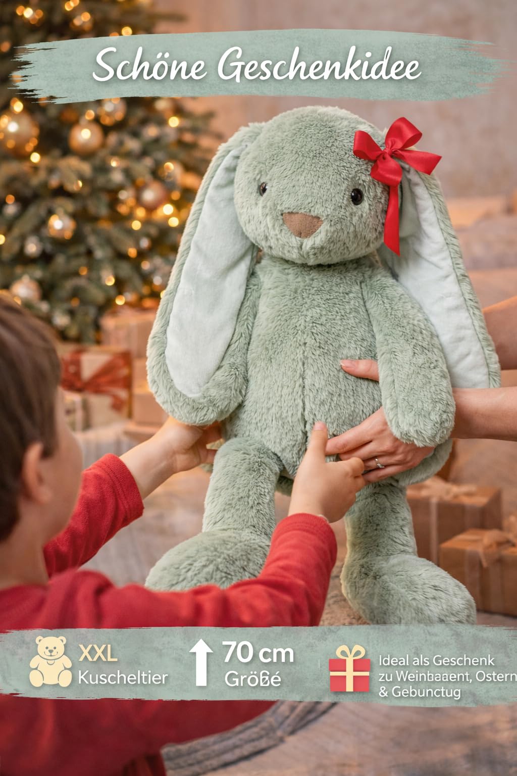 Soma Kuscheltier Hase XXL 70 cm Plüschtier mit Langen Ohren weich grün Pastell Stofftier zum Spielen Schlafen Dekoration Geschenk für Kinder