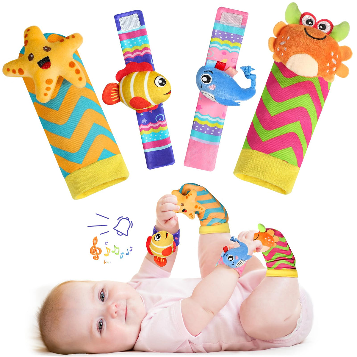 Baby Rattle Socks & Wrist Toy Set 4pcs - Newborn Sensory Toys with Plush Elephant & Animals 0-12 Months