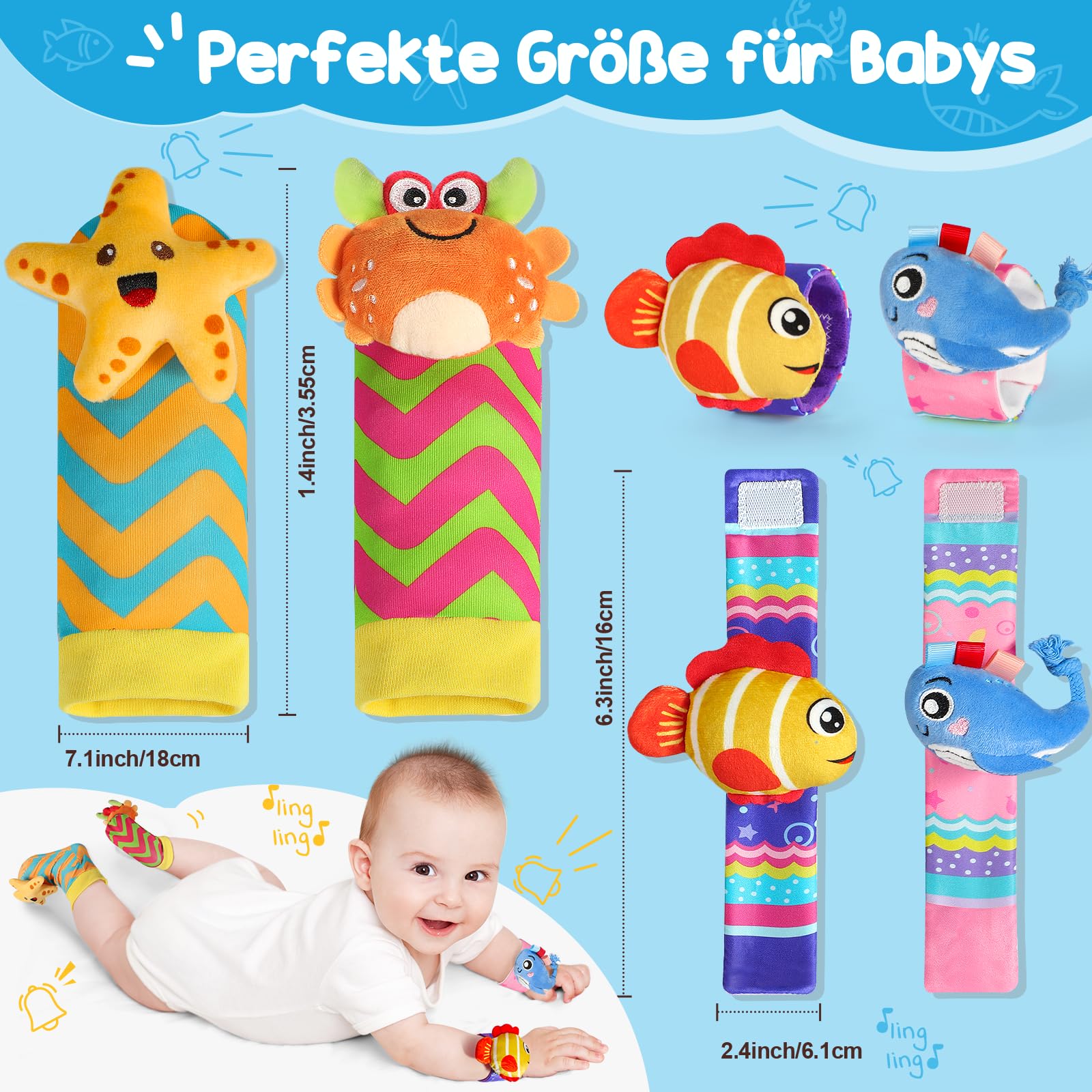 URMYWO 4Pcs Rassel Baby Socken Babyspielzeug Handgelenk Und Neugeborenen-Spielzeug für Babys, Mädchen, Jungen Frühe Bildung Spielzeug für Neugeborene Kleinkinder Spielzeug für Babyspielzeug 0-6 Monate