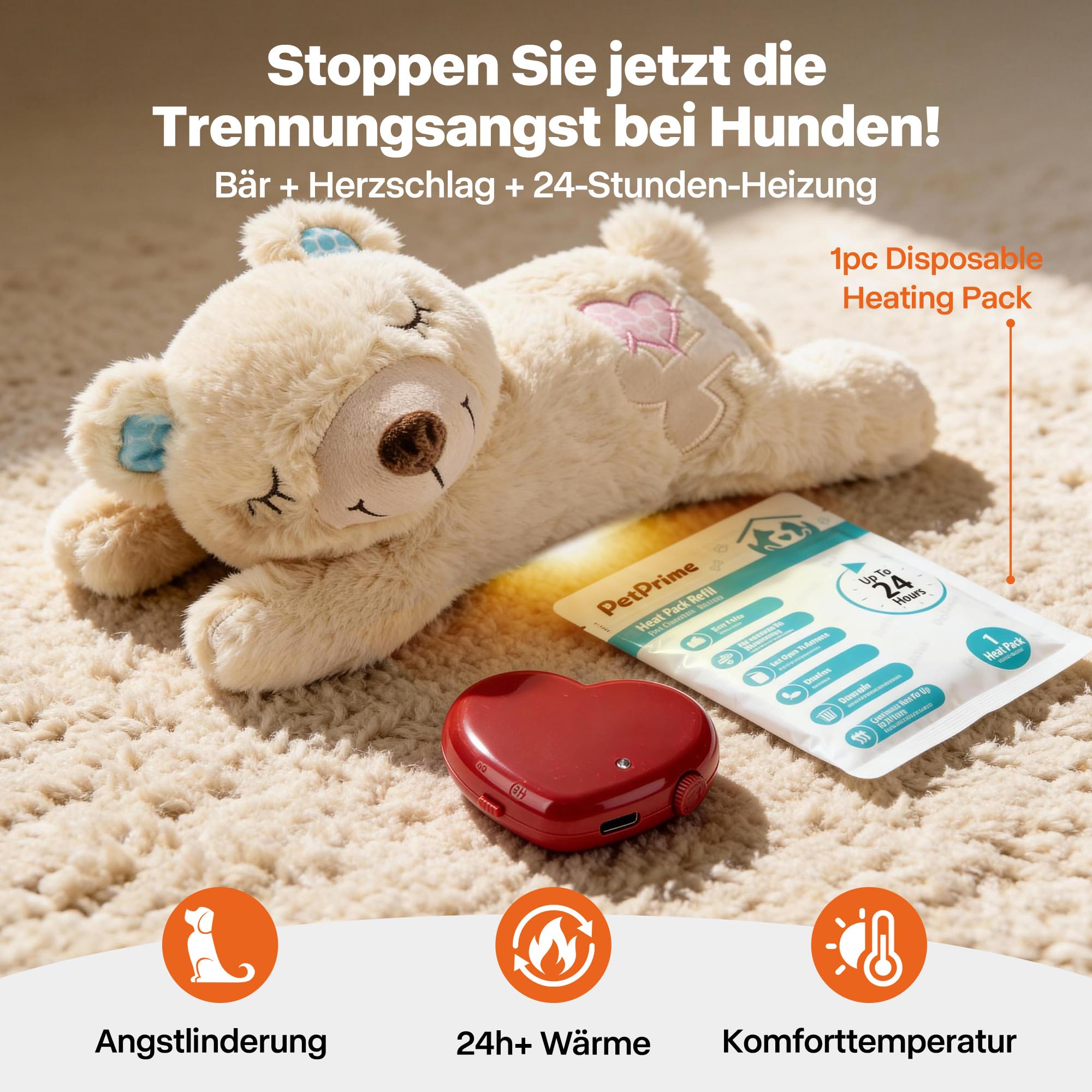 Pet Prime Hundeherzschlag Spielzeug Welpe Verhaltenshilfe Spielzeug Herzschlag Plüschtier für Haustier Plüsch Welpenspielzeug - Plüschbär (Bär mit Herzschlag)