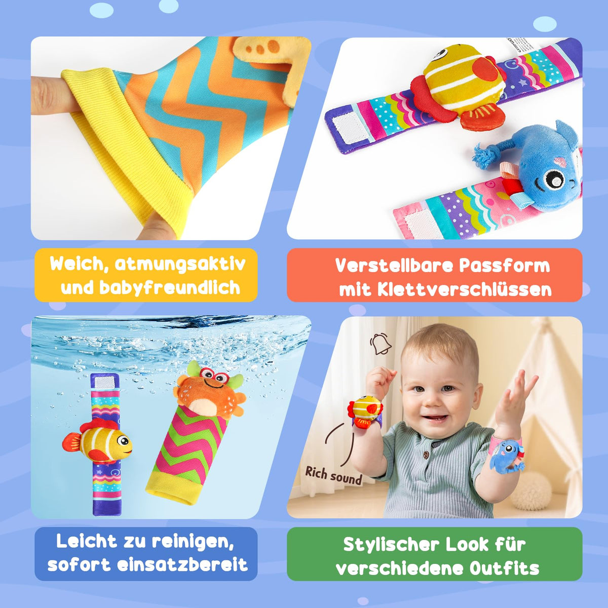 Baby Rattle Socks & Wrist Toy Set 4pcs - Newborn Sensory Toys with Plush Elephant & Animals 0-12 Months
