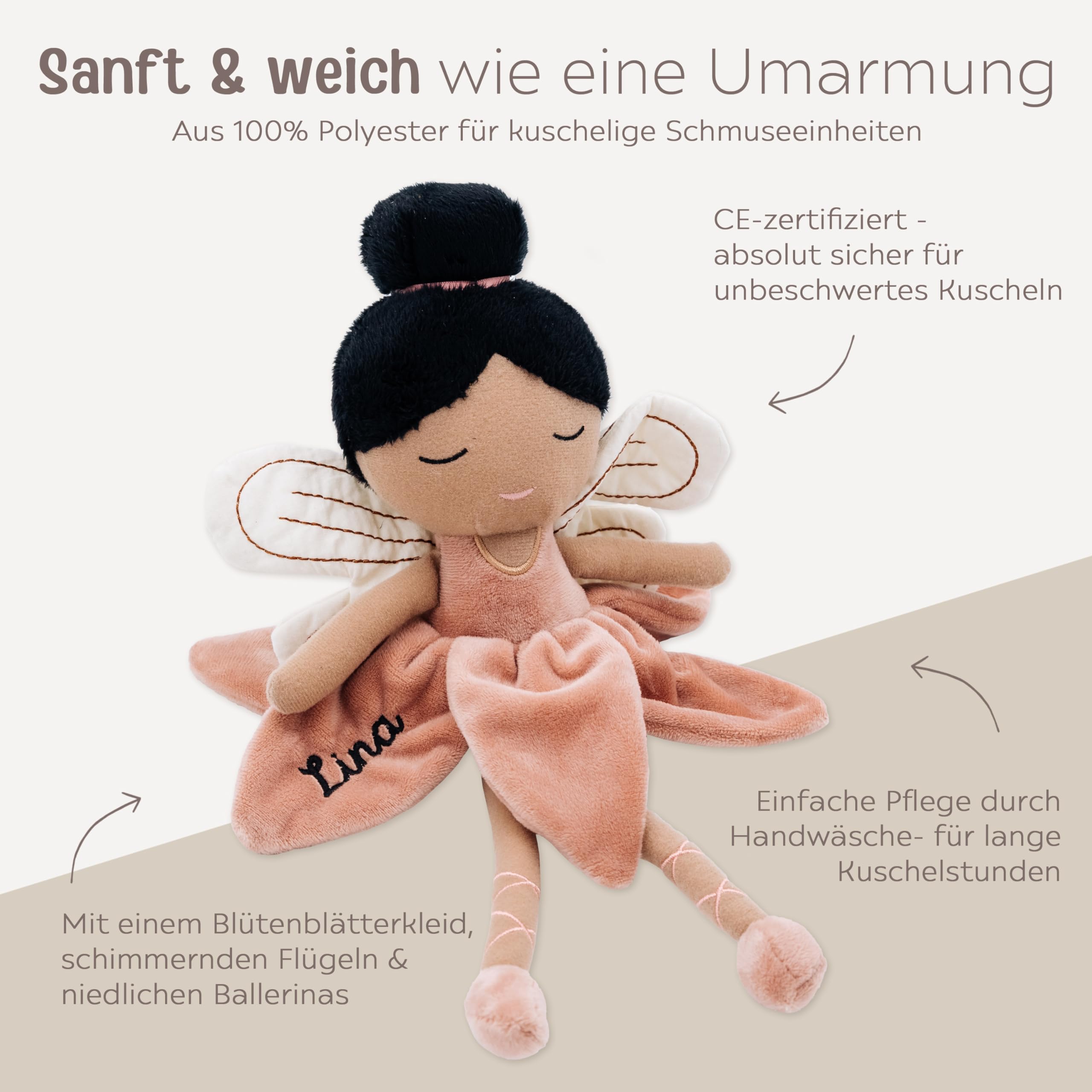 wunderwunsch personalisierte Fee als Taufgeschenk Mädchen, Fairy, Geschenk Geburt, Puppe, Baby, 1. Geburtstag Girly, Kuscheltier individualisiert (Schwarze Haare)