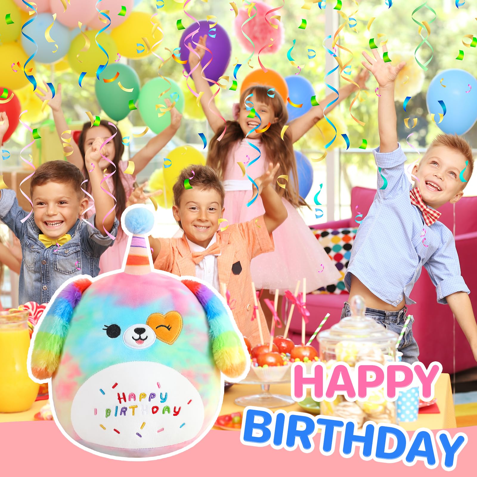 SQEQE Happy Birthday Stuffed Animal 10" Rainbow Dog Soft Toys Cute Plush Pillow Unicorn Dog Plush Toy for Kid Girl Boy 25CM